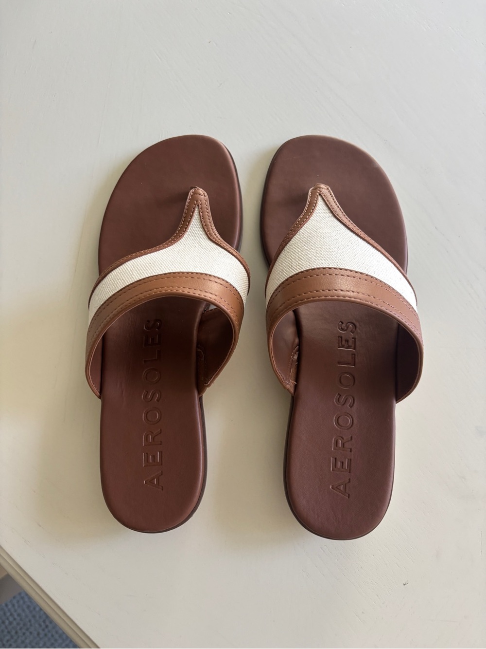 AEROSOLES Brown and Cream Canvas Thong Slide Sandals